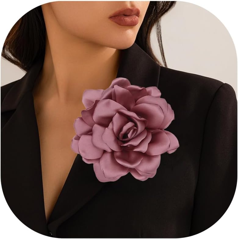 Decixde Satin Fabric Rose Flower Brooches - Handmade Floral Accessory for Wedding Party Dance Banquet Ceremony - Size: 4.72in - Image 1